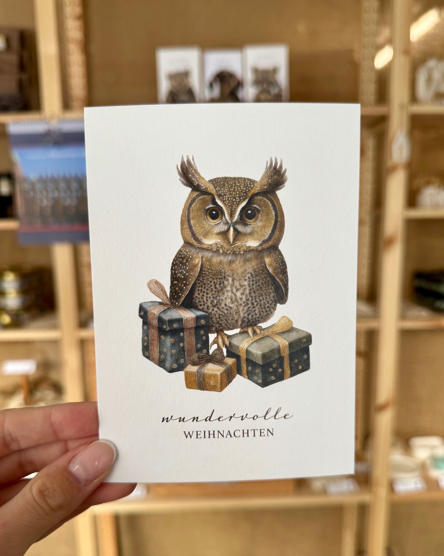 Weihnachten: Postkarte „Eule mit Geschenken“