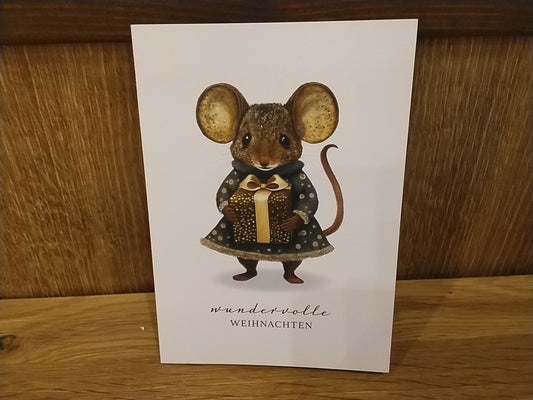 Weihnachten: Klappkarte „Maus mit Geschenk“ (klein)